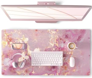 Large Mouse Pad/Desk Mat—Cute pink PU leather with a waterproof design, ideal for women; features a rose gold marble pattern; dimensions: 31.5" x 15.7".
